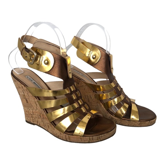 Via Spiga Bronze and Gold Leather Cork Wedge Heel Sandals Size‎ 8M - Picture 2 of 6